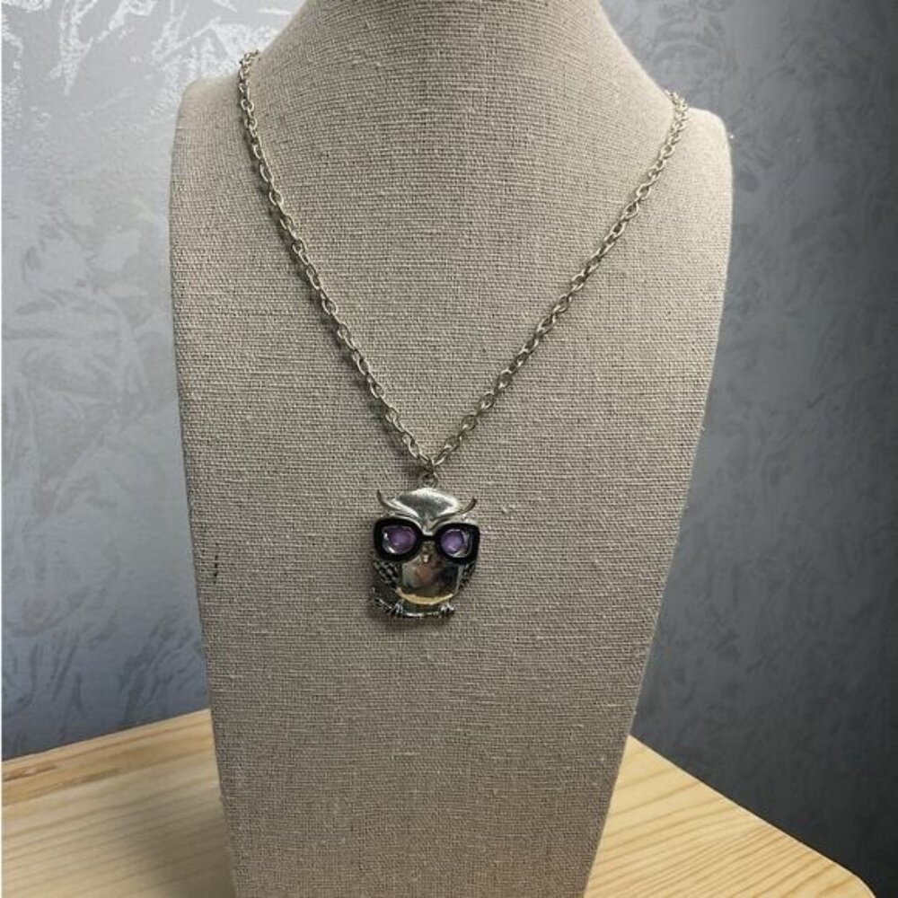 Silver Tone Chain Necklace Purple Eye Glasses Owl Pendant Long